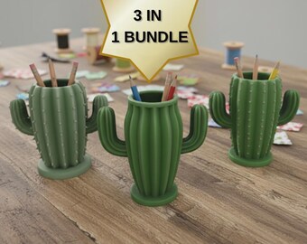 Pennhållare med kaktus och saguaromotiv, 3D-format, STL-filset | 3 unika skrivbordsorganisatörer | Digital nedladdning