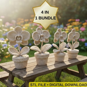 May include: Four beige orchid flower sculptures in woven-style pots are displayed on a wooden picnic table. The flowers have detailed petals and leaves. The image includes text that reads "4 IN 1 BUNDLE" and "STL FILE • DIGITAL DOWNLOAD".