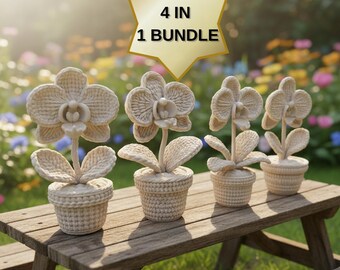 Grov stickad orkidé makramekruka 3D STL-set | 4 tjocka texturblommor | Digital nedladdning