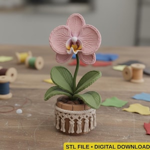 Orquídea tejida en maceta de macramé (archivo STL 3D) / Flor de ganchillo estilo boho / Descarga digital