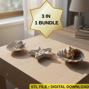 Moderne nautische schelp zeester trinket tray 3D STL-set | 3 kustjuwelenschalen | Digitale download
