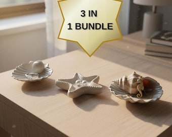 Modern nautisk snäckskal sjöstjärna prydnadsfat 3D STL-set | 3 kustnära smyckesfat | Digital nedladdning