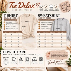 May include: A size chart for Tee Delux apparel featuring a beige Gildan 5000 t-shirt and a gray Gildan 18000 sweatshirt. The image includes width and length measurement tables in centimeters, care instructions with laundry symbols, and text detailing material composition and washing guidelines.