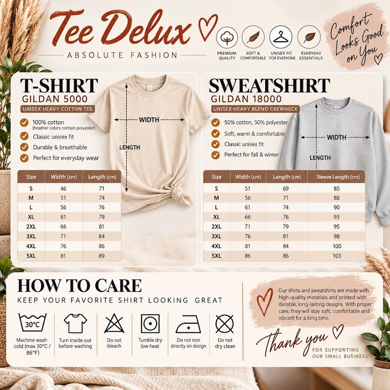 May include: A size chart for Tee Delux apparel featuring a beige Gildan 5000 t-shirt and a gray Gildan 18000 sweatshirt. The image includes width and length measurement tables in centimeters, care instructions with laundry symbols, and text detailing material composition and washing guidelines.