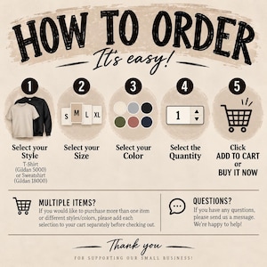 May include: An instructional graphic titled HOW TO ORDER It's easy! featuring five numbered steps for purchasing apparel. It displays icons for selecting style, size, color, quantity, and adding to cart, plus text for multiple items and questions.