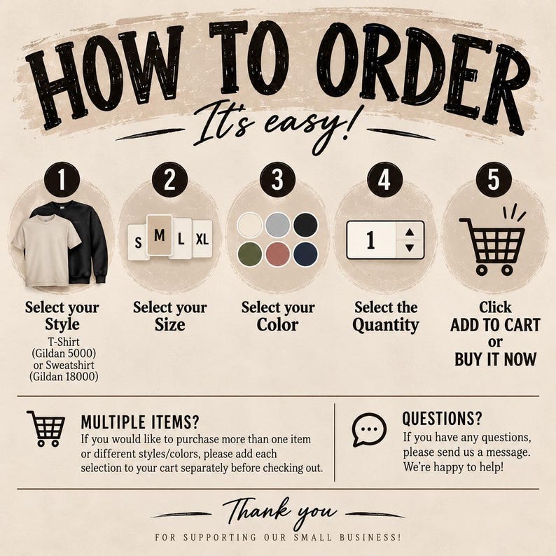 May include: An instructional graphic titled HOW TO ORDER It's easy! featuring five numbered steps for purchasing apparel. It displays icons for selecting style, size, color, quantity, and adding to cart, plus text for multiple items and questions.
