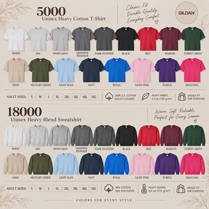 May include: A Gildan color chart displaying 5000 Unisex Heavy Cotton T-Shirts and 18000 Unisex Heavy Blend Sweatshirts in various colors. Each section lists adult sizes S through 5XL, fabric composition, and weight in ounces and grams.