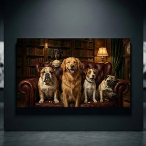 Funny Dog Canvas Art, Four Dogs on Leather Sofa, Library Scene Wall Decor Print