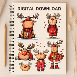 Op de afbeelding: Een spiraalgebonden notitieboek met illustraties van cartoon rendieren. De rendieren worden in verschillende poses getoond, gekleed in outfits en sjaals, met verspreide harten. De tekst "DIGITAL DOWNLOAD" staat bovenaan.