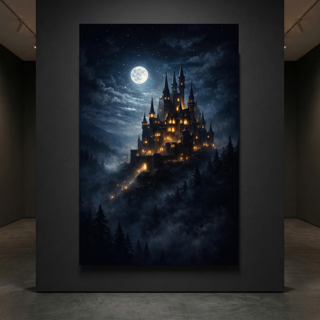 Moonlit Castle Canvas Gothic Night Wall Art Dark Fantasy Decor Glowing ...