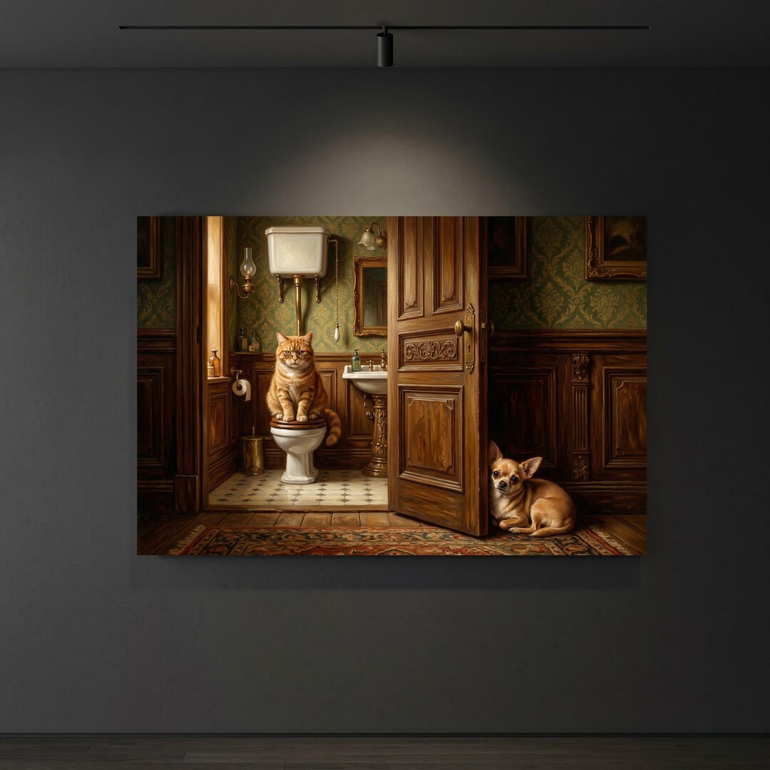 Funny Pet Bathroom Cat Toilet Wall Art Dog Powder Room Decor Scene - Etsy