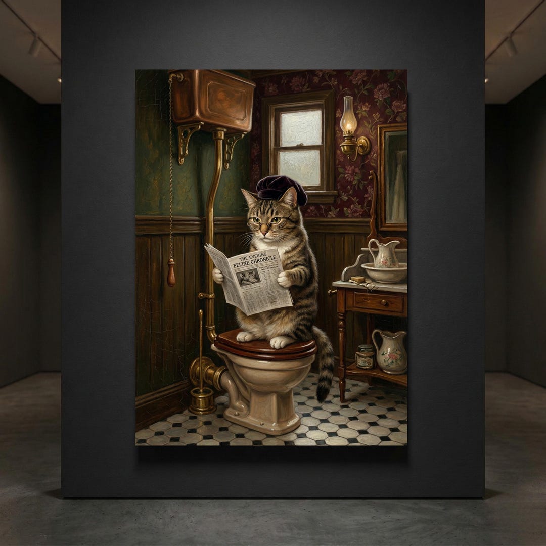 Vintage Cat Bathroom Canvas Funny Toilet Wall Art Powder Room Decor ...