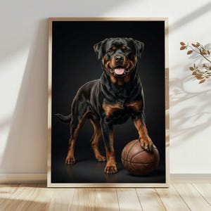 May include: A framed print of a Rottweiler dog with black and tan fur, posing with a brown basketball. The dog is set against a black backdrop, with its tongue visible. The print is in a wooden frame.