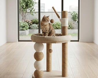 Cat Climbing Tower with Bed and Sisal Scratcher, Wooden Cat Tree Furniture
