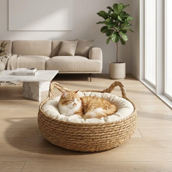 Handwoven Cat Basket Bed with Cotton Cushion Natural Woven Cat Nest