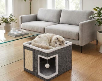Cama cueva plegable para gatos con pelota de peluche colgante