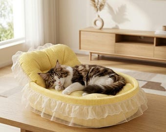 Princess Cat Bed Plush Lace Sofa, Washable Cozy Cat House for Small Cats