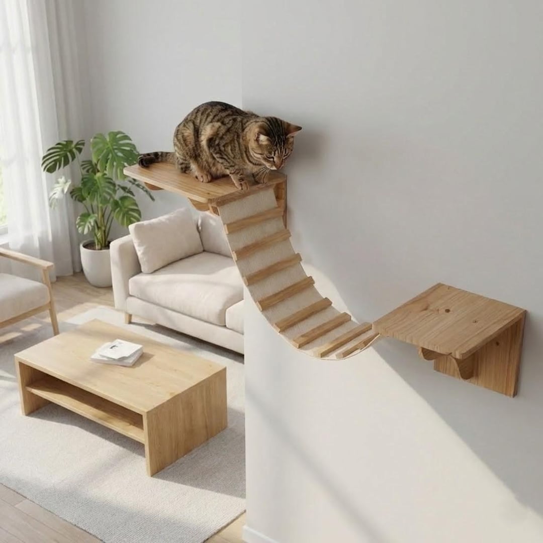 Wooden Cat Wall Bridge With Platforms – Modern Climbing Furniture for ...
