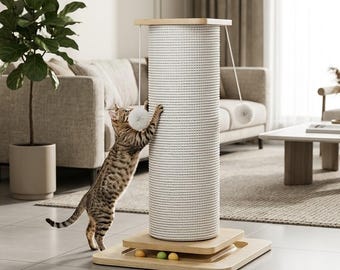Tall Sisal Cat Scratching Post with Hanging Ball, Climbing Tower & Stable Base