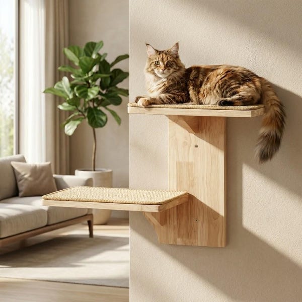 Katzen Wandregal - 2 Plattform Kletterstange aus Holz mit Sisal Kratzmatte