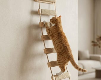 Wooden Cat Ladder with Sisal Rope – Wall Mounted Climbing Bridge for Indoor Cats