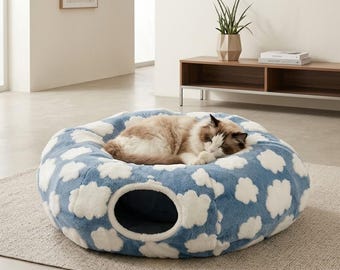 Cat Play Bed with Ball, Plush Donut Cave, Cozy Hideout for Indoor Pets