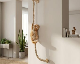 Cuerda de escalada para gatos montada en la pared con escalones de madera maciza y sisal