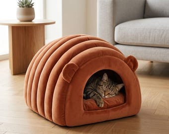 Warm Cat Cave Bed, Cozy Semi-Enclosed Pet House for Winter Comfort