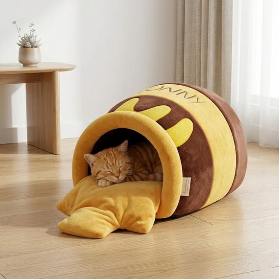Honey Pot Cat Bed, Warm Semi-Enclosed Cat Nest for Winter