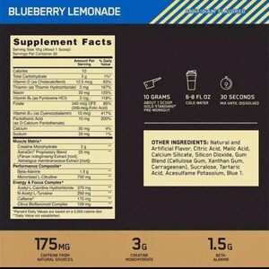 May include: A nutrition facts label for "Blueberry Lemonade" pre-workout powder. The label details serving size, calories, and ingredients like creatine monohydrate, beta-alanine, and caffeine. Instructions suggest mixing 10 grams with 6-8 fl oz of cold water for 30 seconds.