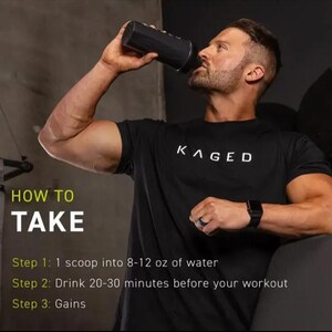 May include: A man wearing a black t-shirt with the word "KAGED" in white text drinks from a black shaker bottle. The image includes instructions: "How to Take" with steps for mixing and timing the product.