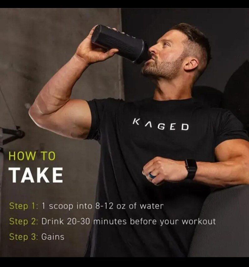 May include: A man wearing a black t-shirt with the word "KAGED" in white text drinks from a black shaker bottle. The image includes instructions: "How to Take" with steps for mixing and timing the product.