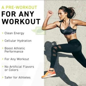 May include: Image of a woman running, wearing a black sports bra and leggings, with orange and yellow sneakers. Text on the left reads "A PRE-WORKOUT FOR ANY WORKOUT" with bullet points listing benefits like "Clean Energy" and "Boost Athletic Performance."