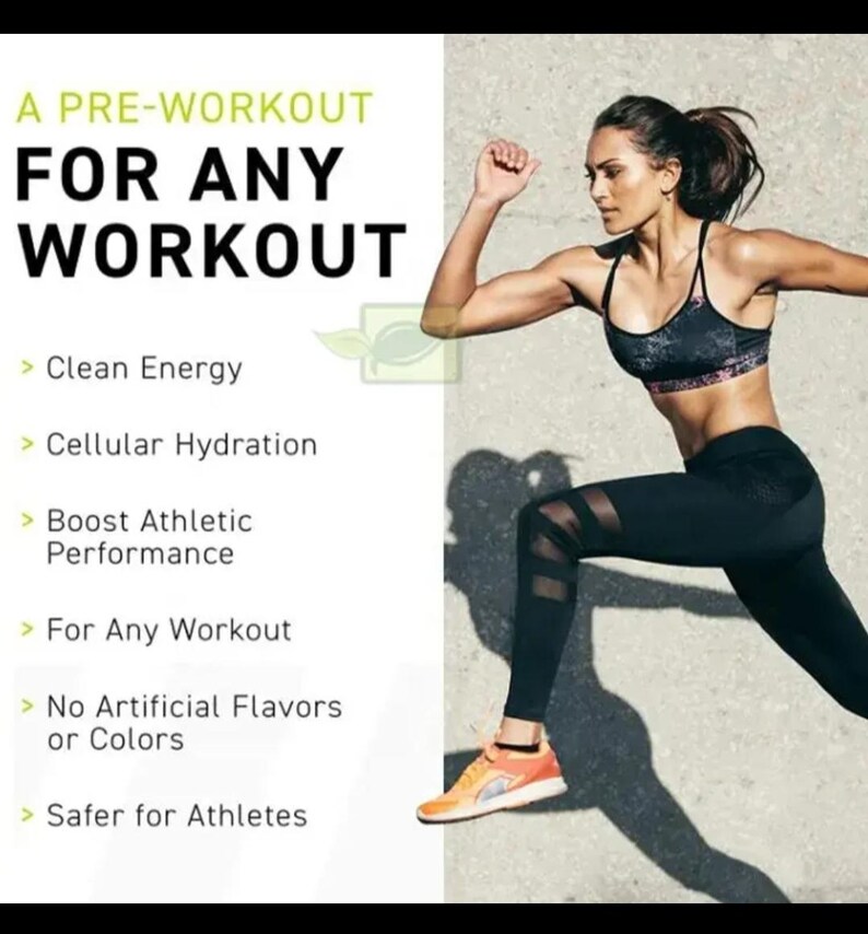 May include: Image of a woman running, wearing a black sports bra and leggings, with orange and yellow sneakers. Text on the left reads "A PRE-WORKOUT FOR ANY WORKOUT" with bullet points listing benefits like "Clean Energy" and "Boost Athletic Performance."