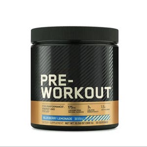 May include: A black pre-workout supplement container with a textured pattern. The label features the words "PRE-WORKOUT" in large white letters, along with details about ingredients and flavor, "Blueberry Lemonade". The container weighs 10.58 oz (300 g).