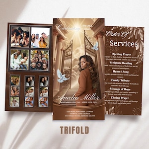 May include: A trifold memorial card with a photo collage on the left, a central image of a woman in a brown coat, and an order of service on the right. The card is titled "Celebrating The Life & Legacy" and includes the name "Amelia Miller".