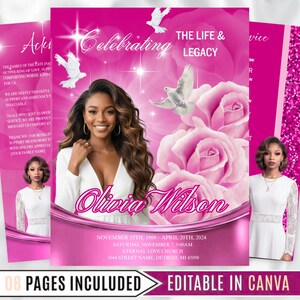 Dark Pink Funeral Template, Easy Editable Floral Program, Digital Obituary Template, Celebration Of Life Invite