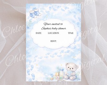 Baby Boy Shower Invitation, Blue Footprints Teddy Bear Boots (Digital Download)