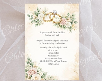 Elegant Floral Wedding Invitation Template, Watercolor Gold Pastel Garden Invite (Digital Download)
