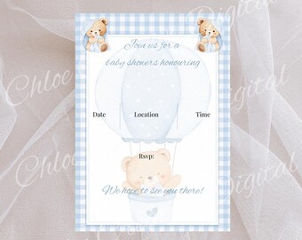 Boy Baby Shower Invitation, Teddy Bear Hot Air Balloon, Blue Gingham (Digital Download)