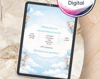 Safari Baby Shower Invitation, Boy Elephant Giraffe Lion, Blue (Digital Download)