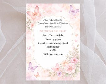 Pink Butterfly Floral Baby Girl Shower Invitation Template (Instant Download)