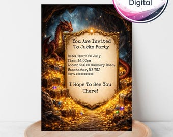 Dragon Birthday Invitation Template, Fantasy Treasure Party Invite (Digital Download)