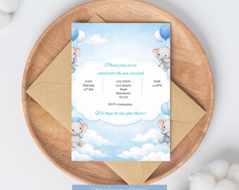 Baby Boy Elephant Invitation, Blue Sky Balloons, Editable Template (Digital Download)