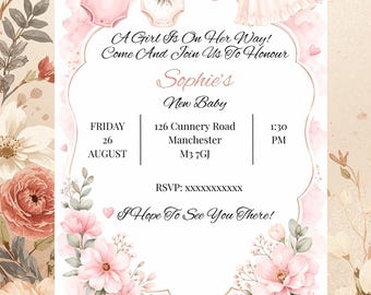 Girl Baby Shower Invitation, Pink Floral Clothesline Invite (Digital Download)