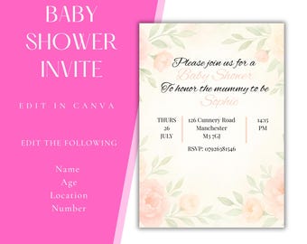 Pink Floral Baby Shower Invitation, Editable Garden Theme Invite (Digital Download)