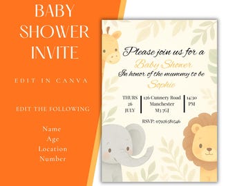 Safari Animal Baby Shower Invitation Template, Editable Jungle Theme Invite (Digital Download)