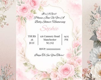Pink Floral Baby Shower Invitation, Girl Watercolour Invite Template (Digital Download)
