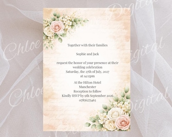 Editable Wedding Invitation Template, Soft Peach Rose Floral Design (Canva)