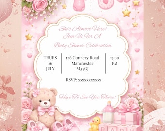 Pink Baby Shower Invitation, Girl Celebration Background (Digital Download)